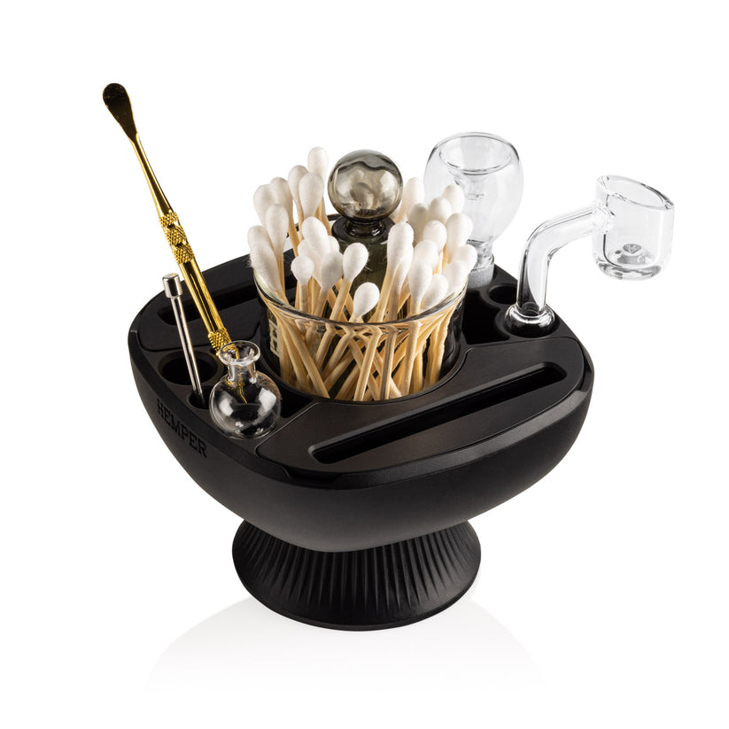 Black Hemper IsoPlex fully loaded with cotton swabs, dab tools, carb caps and banger to demonstrate organized dab station setup.
