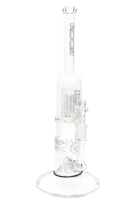 ROOR Tech 15-inch clear straight shooter water pipe featuring barrel perc, stemless design and ROOR Tech decal, with glass bowl attached.