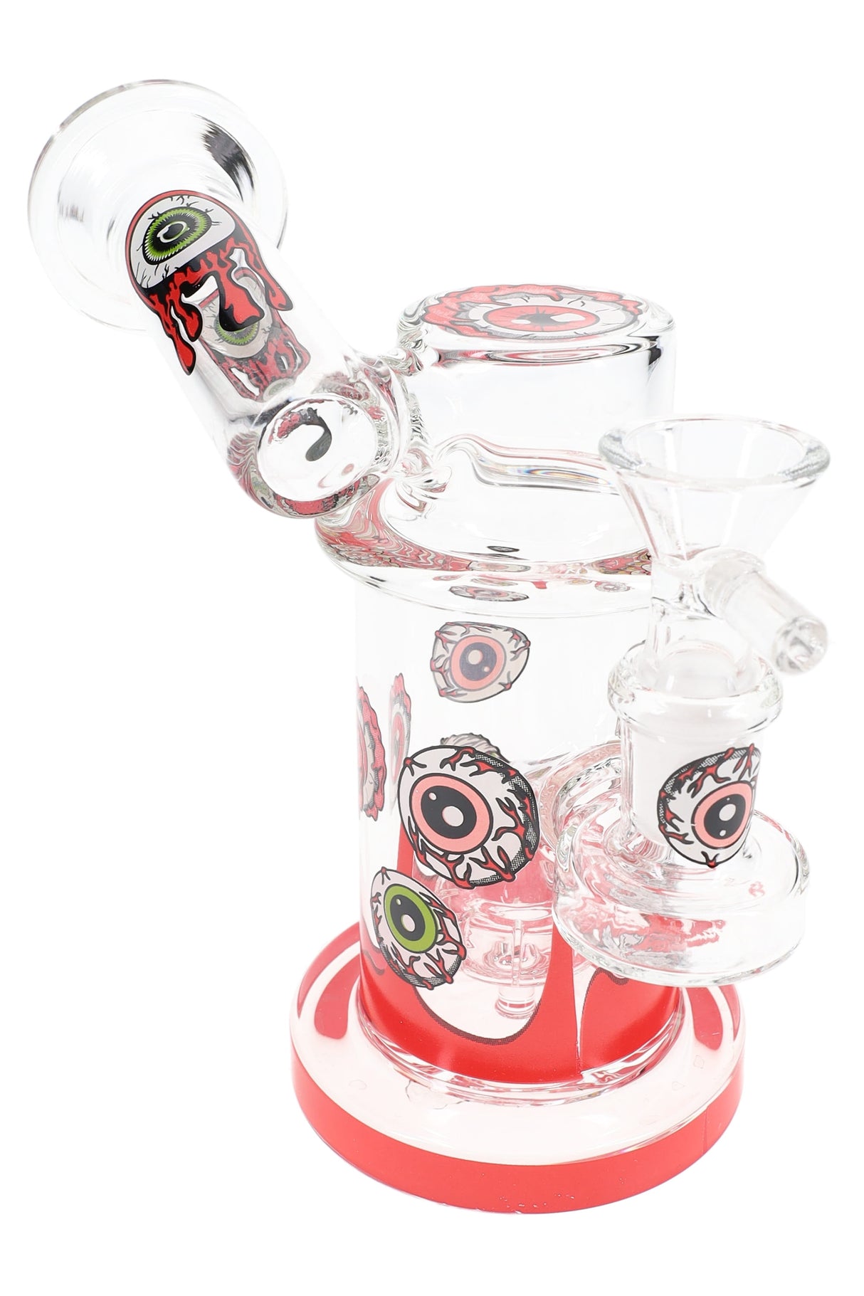 Red-accent eyeball sidecar bong highlighting angled mouthpiece, 14.5 mm female joint, and compact base, 5.5″ tall.