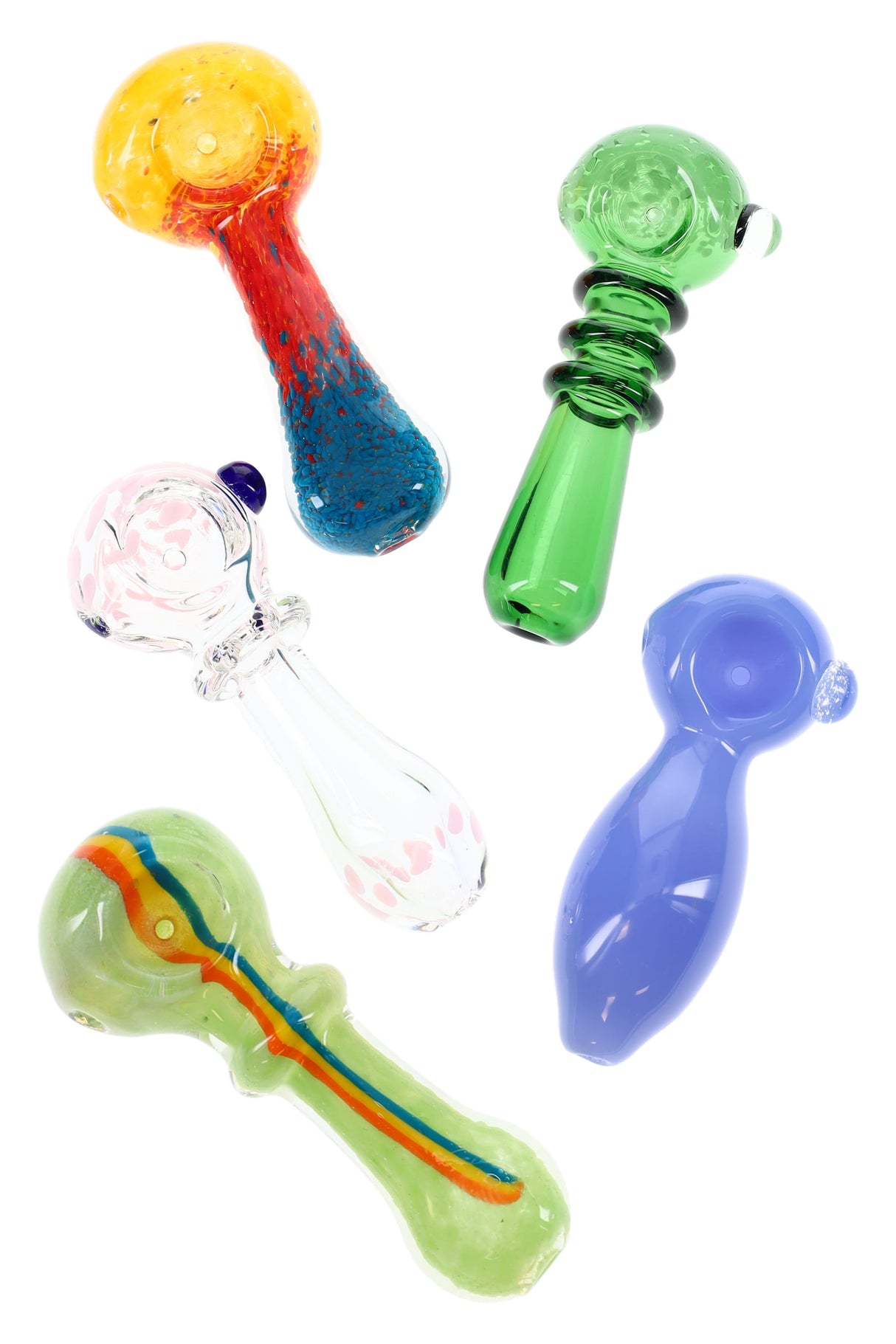 Assorted 4–4.5 inch colorful glass spoon pipes in solid and patterned finishes with deep bowls and left-side carbs.