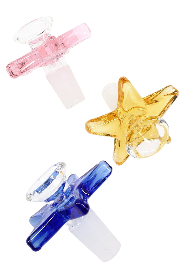 Trio of star-shaped colored glass bong bowls in pink, amber, and blue with 14.5 mm male frosted joints and clear cups for easy, stable handling.