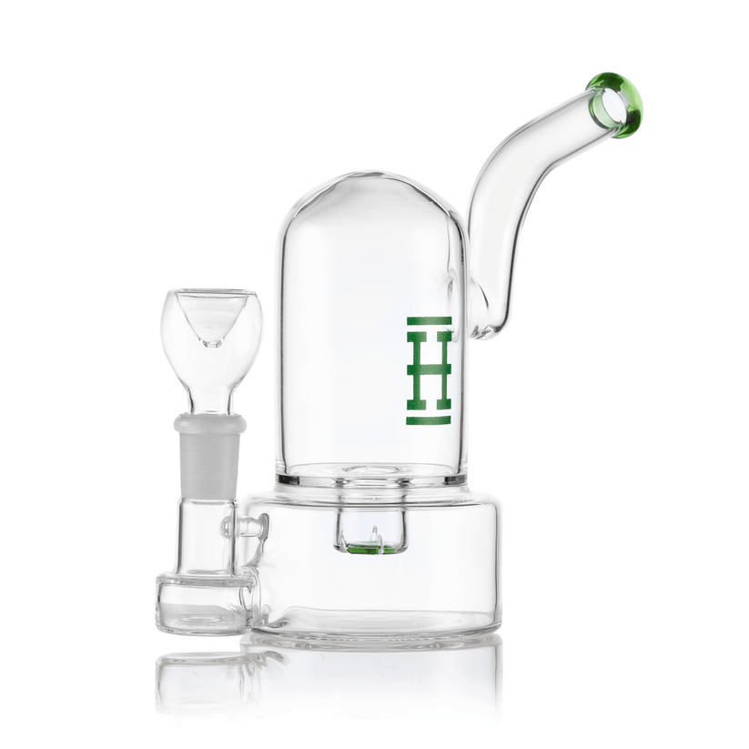 Front view of Hemper bell mini bong with blue-accent bowl and mouthpiece, bell dome chamber centered over round base.