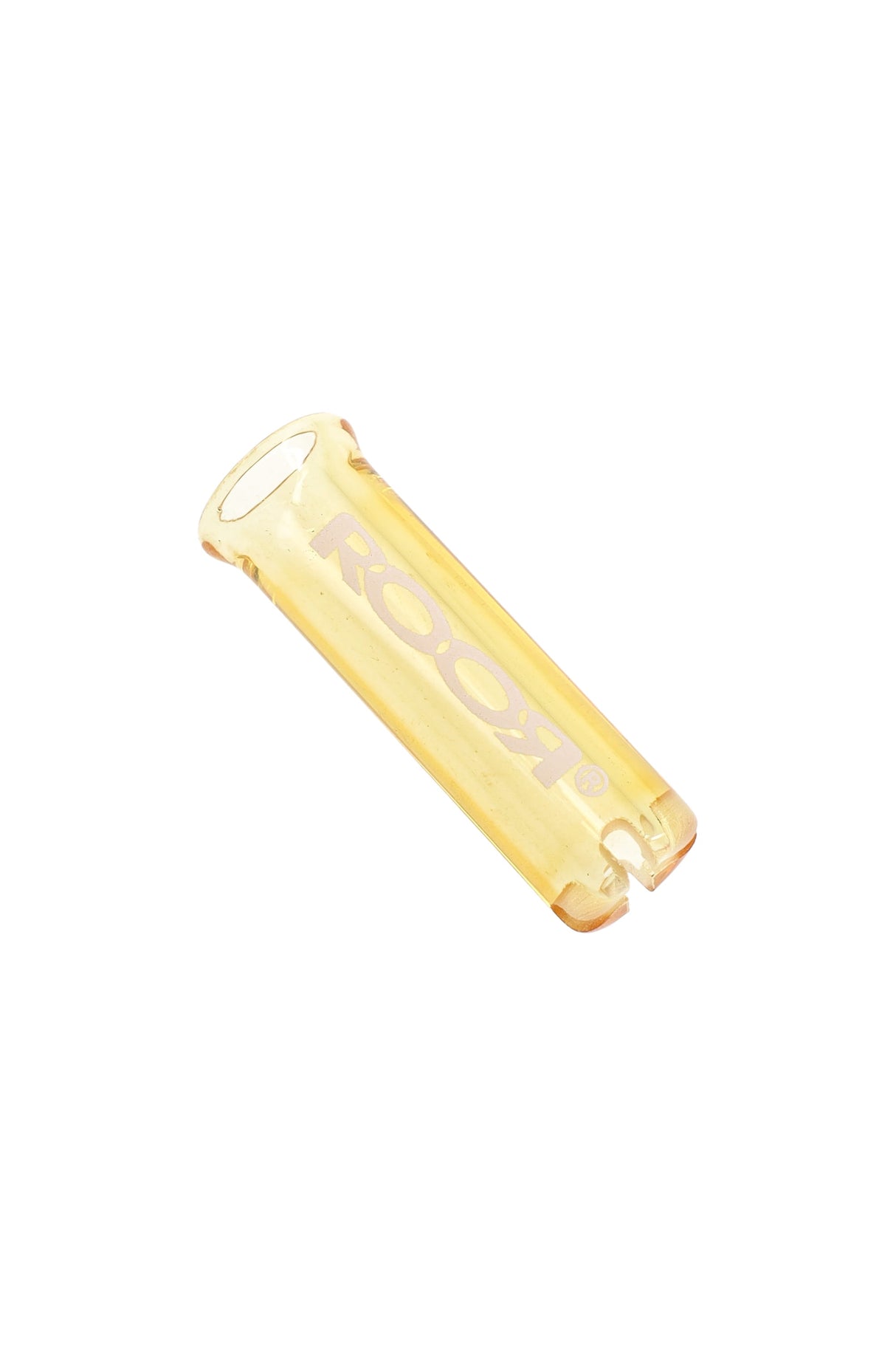 Translucent yellow RooR 10 mm glass rolling tip; sleek reusable filter with etched logo and slotted end for better airflow.