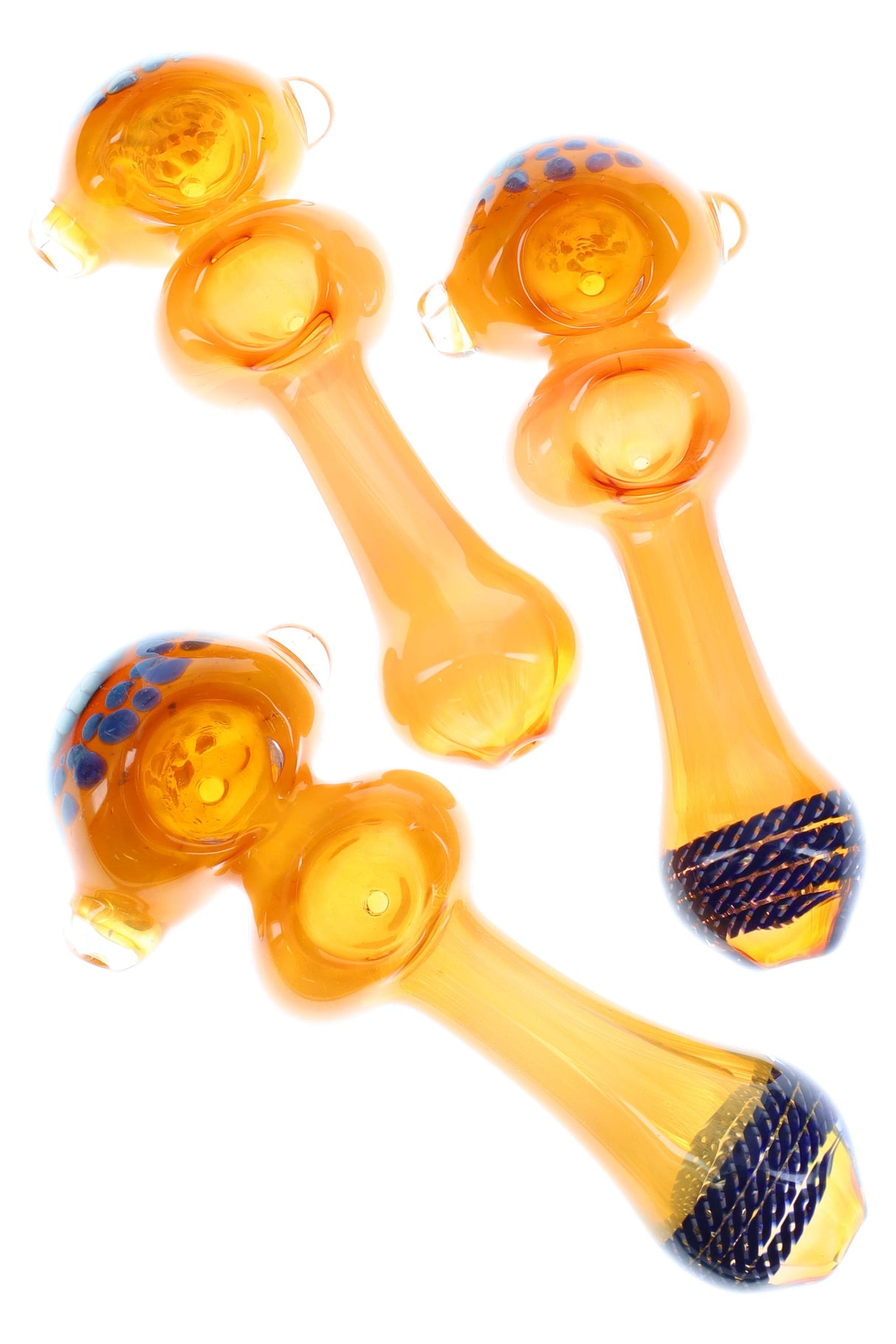 5½-inch gold-fumed color-changing glass spoon with double-bowl body, side carb, and assorted dot or rope accents.