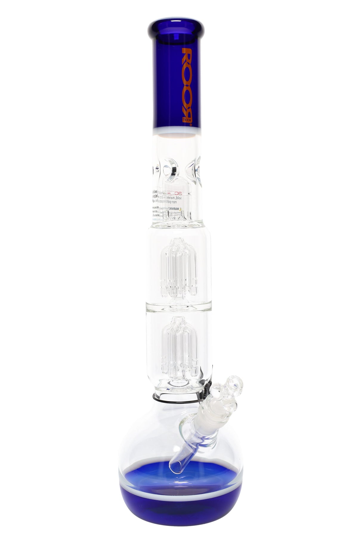 Clear ROOR Tech 18-inch bubble base bong with deep blue mouthpiece and color-matched base, dual stereo tree percs, ice pinch, glass-on-glass bowl and downstem.