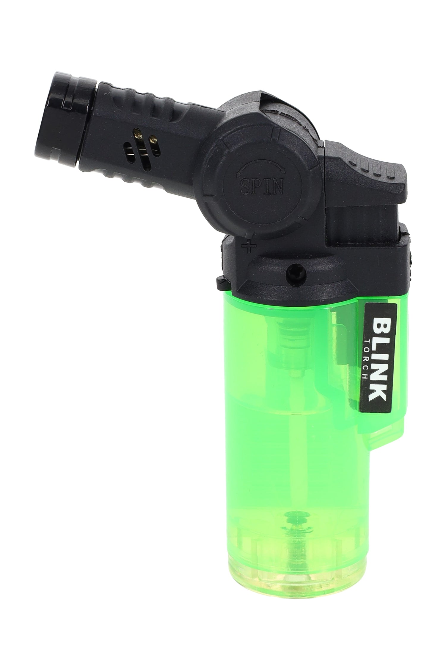 Blink Frosted Mini Twisted torch lighter in neon green showing pivoting “SPIN” nozzle, adjustable flame collar, and frosted translucent fuel tank.