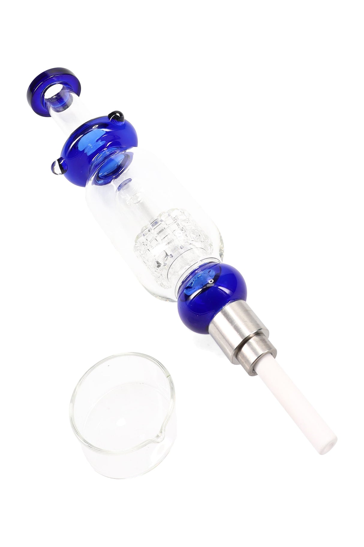 Blue-accent matrix perc dab straw with ceramic tip and separate glass dish; 8½-inch concentrate kit.