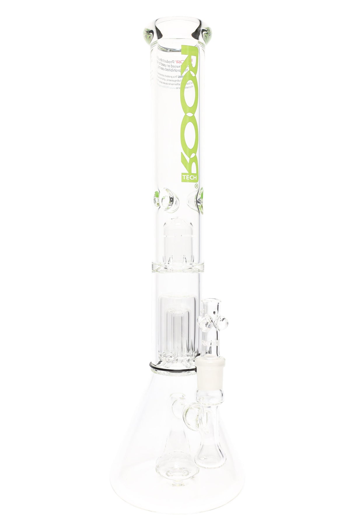 Clear ROOR Tech 18″ beaker bong with stemless 18.8 mm joint, dome and barrel percs, showerhead perc, ice pinch, and green decal; wide beaker base.