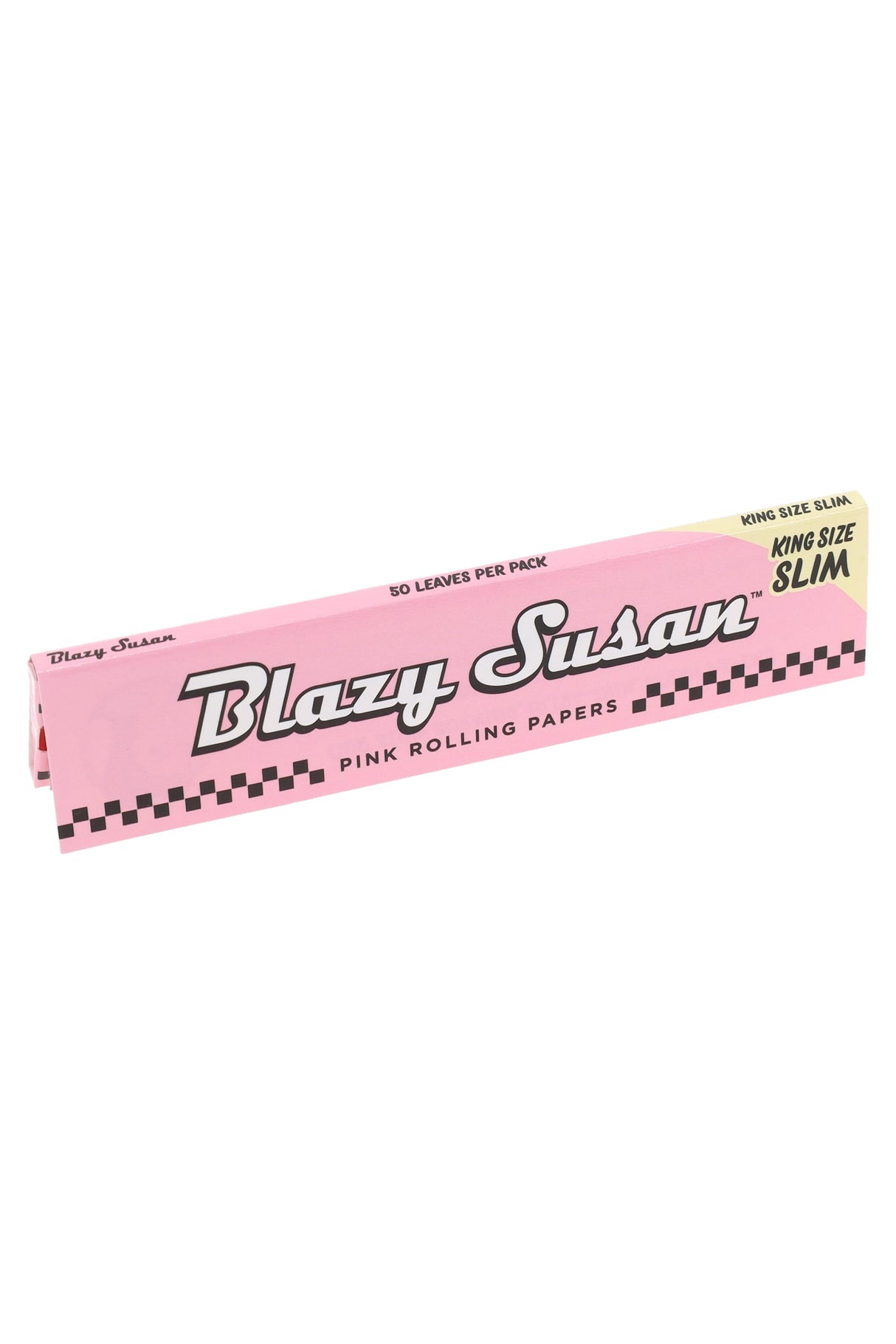 Single booklet of Blazy Susan King Size Slim pink rolling papers, 50 leaves per pack, pastel wrapper with checker trim and logo.