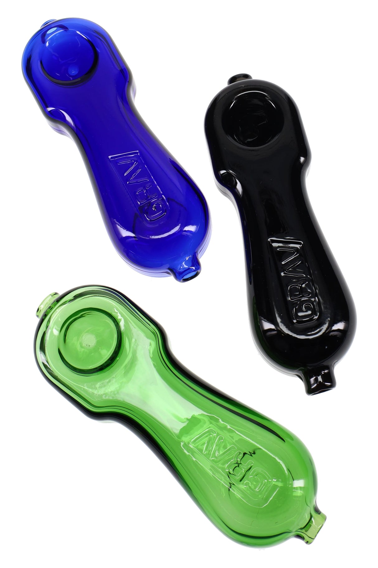 Compact 4-inch GRAV Bodega spoon in assorted black, blue, and green borosilicate with deep bowl and side carb, studio shot on white background.