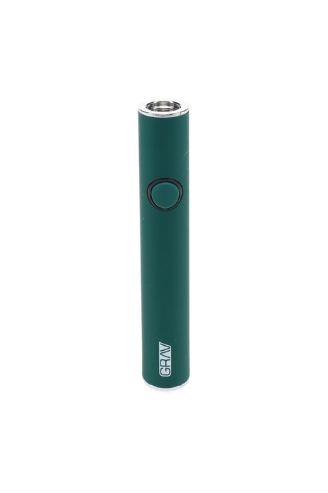 Close-up of green GRAV Micro-Pen 510 battery showing single button and top female 510 thread for standard vape cartridges.