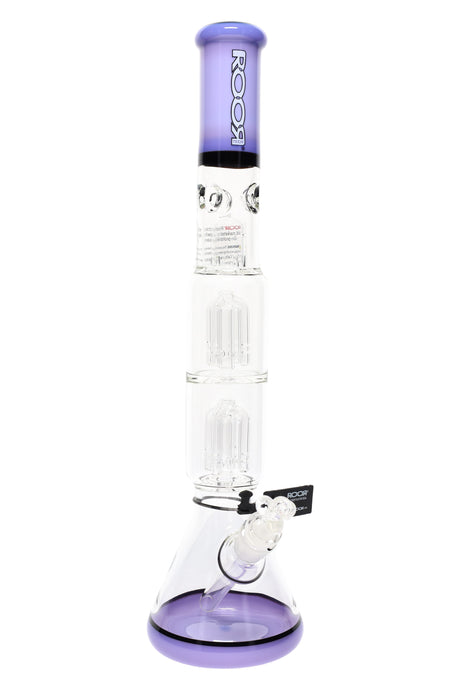 Purple-accent ROOR Tech 17-inch beaker bong with stacked double tree percolators, glass-on-glass downstem and bowl.