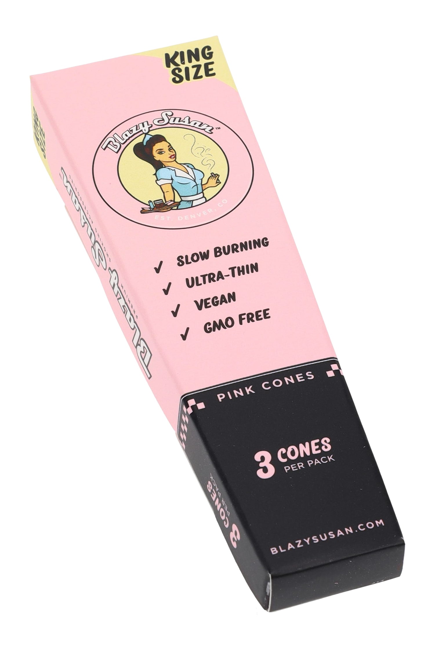 Blazy Susan King Size Pink Cones retail pack showing 3 cones per pack; slow-burning, ultra-thin, vegan, GMO-free.