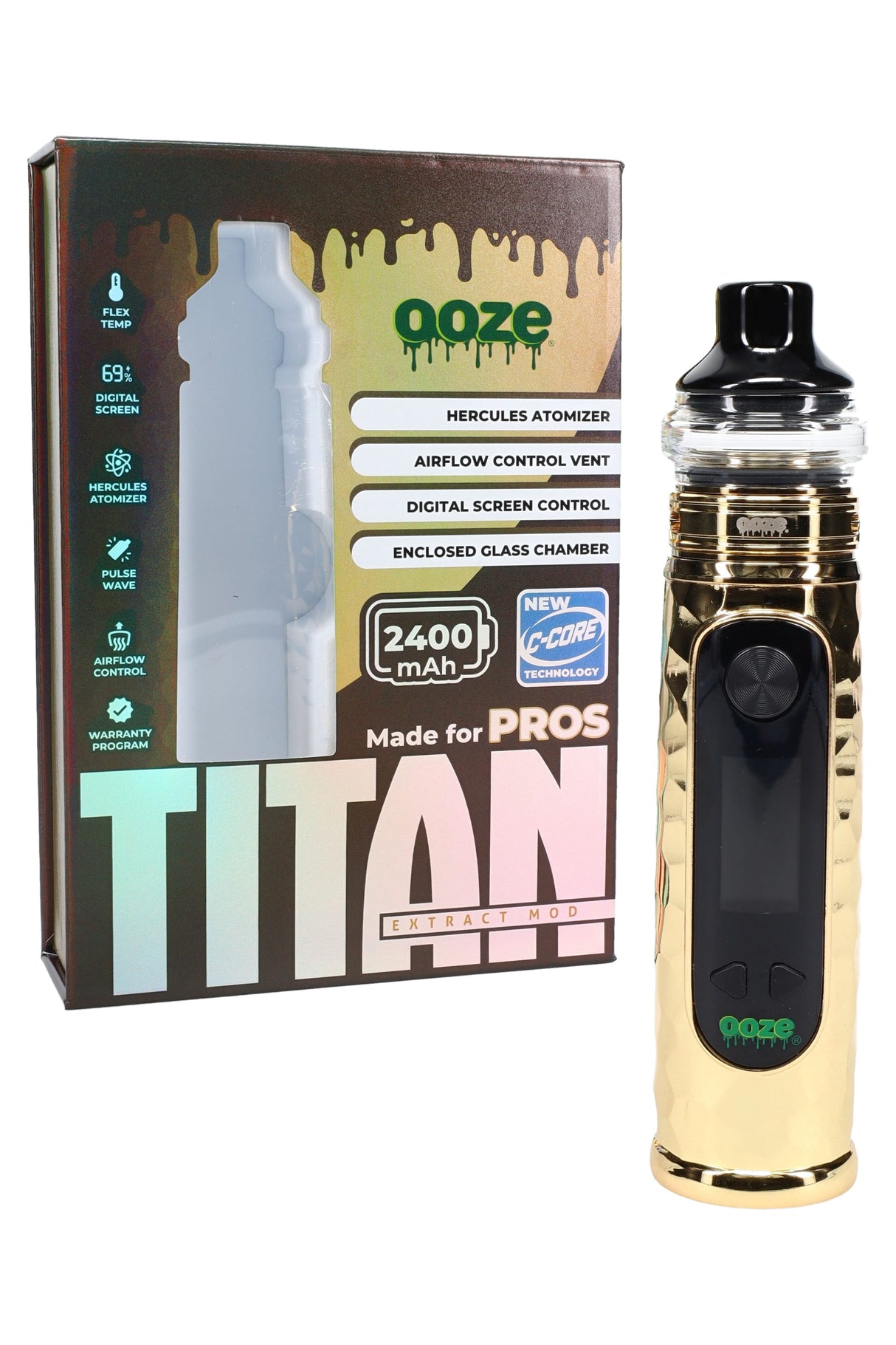 Gold Ooze Titan extract mod beside retail box, showing 2400 mAh battery, digital screen, airflow control, and Hercules atomizer.