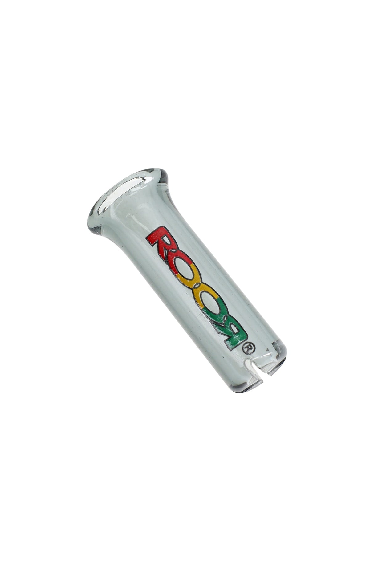 Clear RooR 10 mm glass rolling tip with rasta logo; reusable filter mouthpiece with flared lip and notch for wraps and papers.