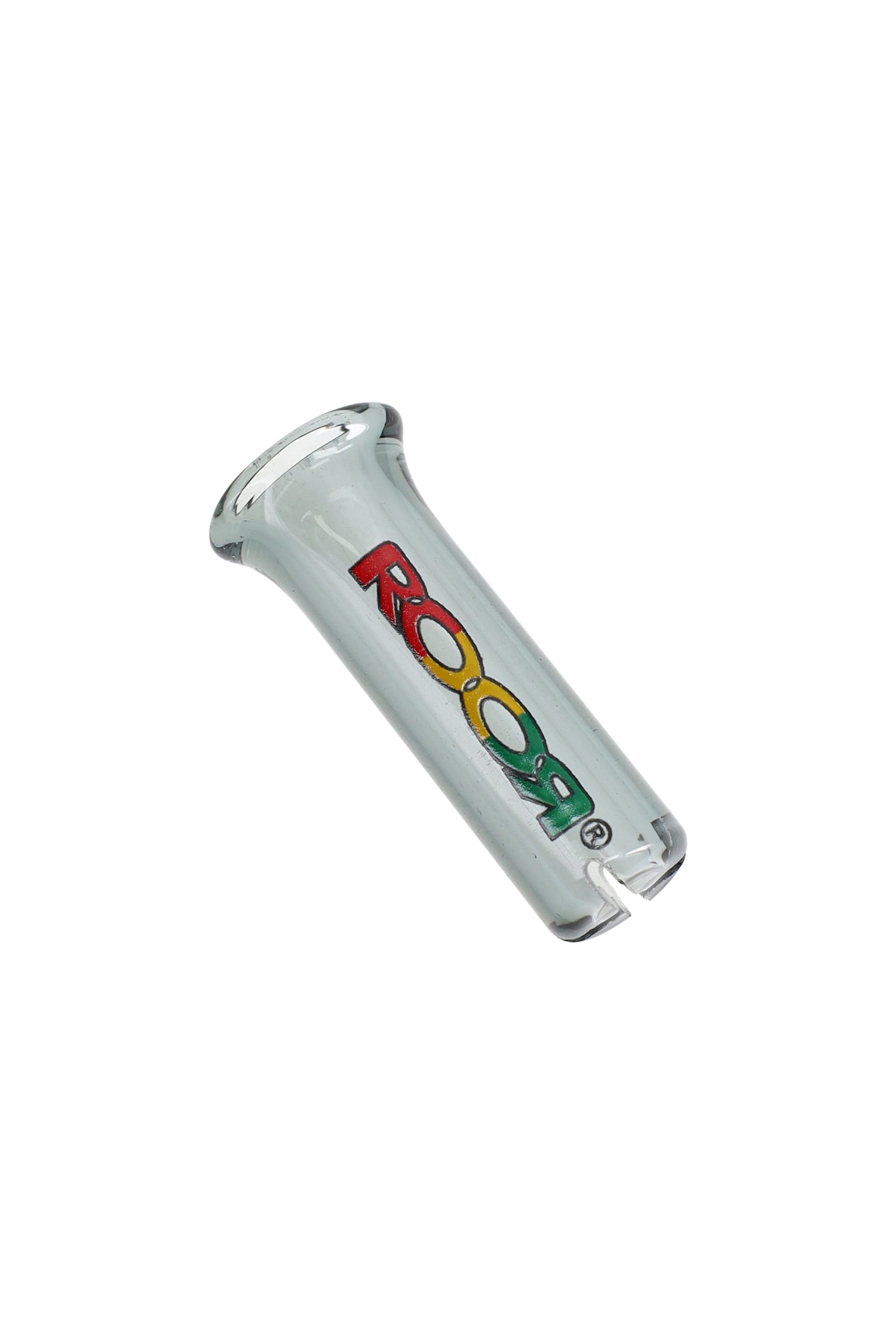 Clear RooR 10 mm glass rolling tip with rasta logo; reusable filter mouthpiece with flared lip and notch for wraps and papers.