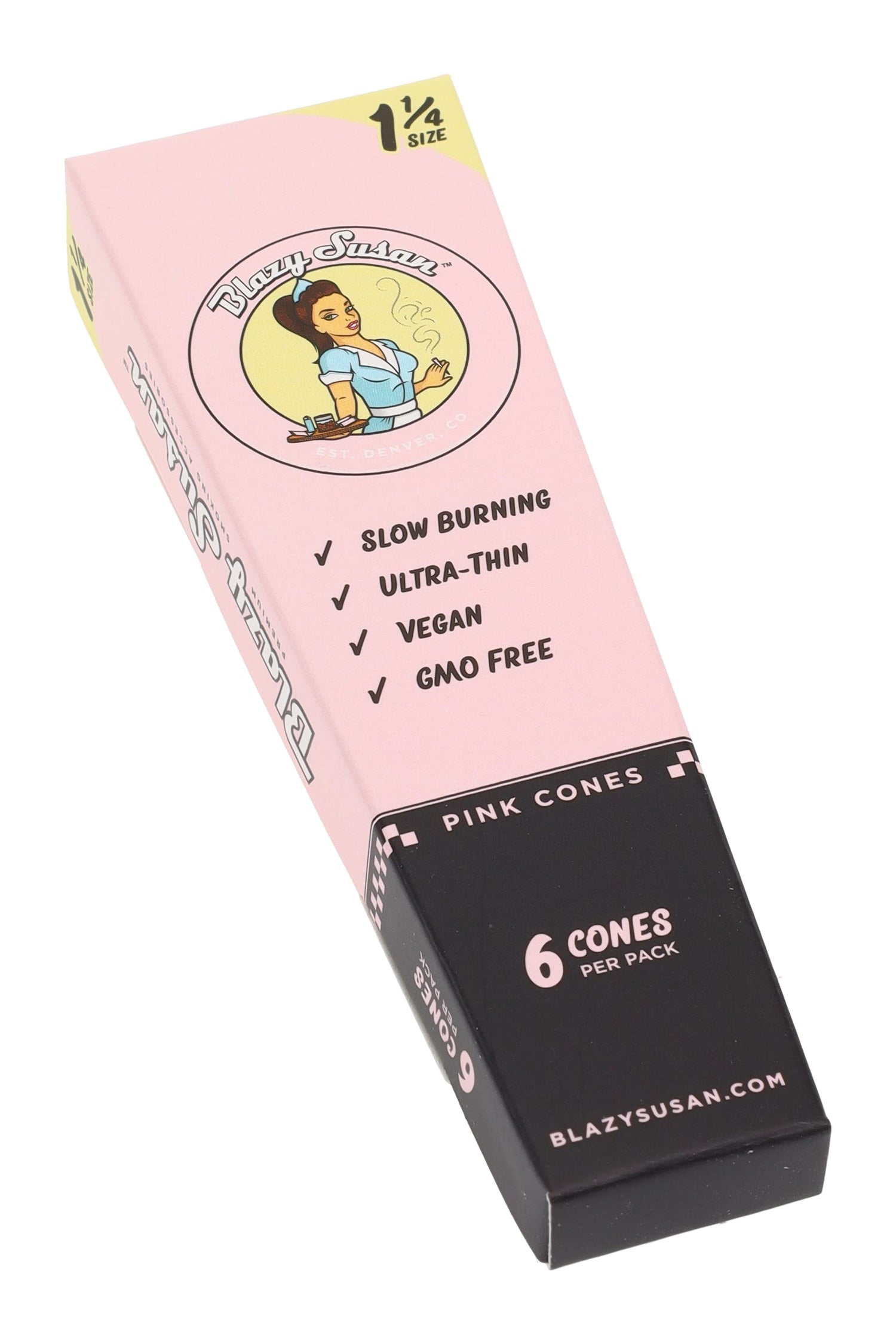 Pink Box Front: Front view of Blazy Susan 1¼ pink cones display showing 21 packs, vegan and GMO-free ultra-thin rolling papers.