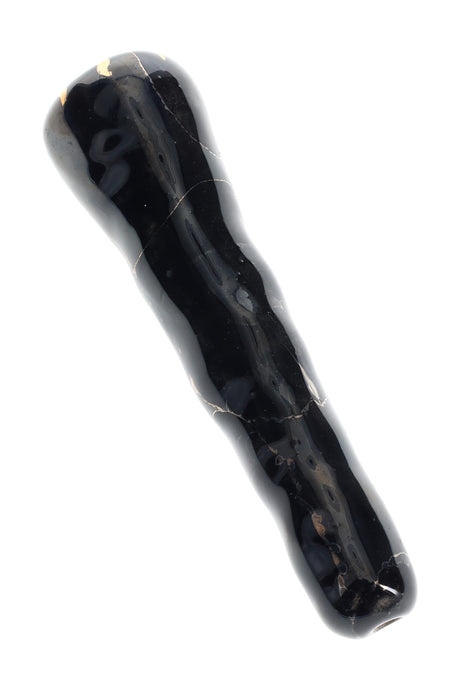 Black 4-inch ceramic chunky bat one-hitter with smooth grip contours and glossy glaze, compact taster style.