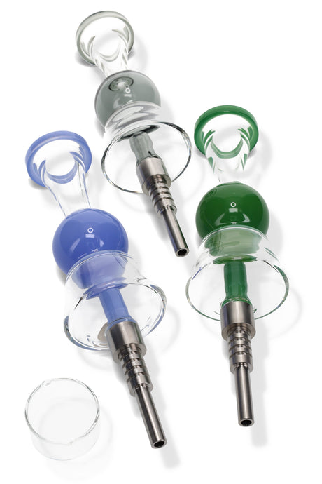 Three bubble-shield glass dab straw kits in gray, blue, and green with metal tips and a quartz dish for concentrates.