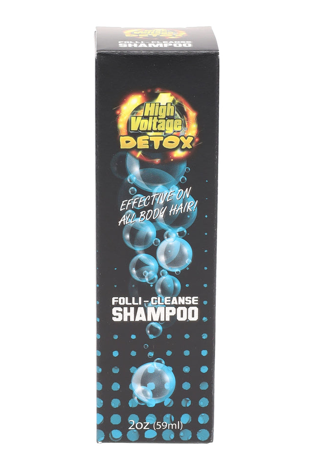 High Voltage Detox Folli-Cleanse Shampoo retail box, black with blue bubbles, labeled effective on all body hair, 2-oz size.