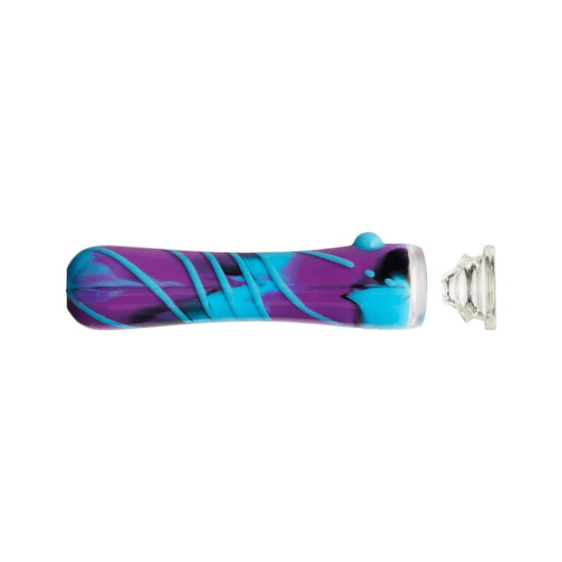 Purple-and-cyan Eyce ORAFLEX Shorty one-hitter shown with removable borosilicate glass bowl, ergonomic anti-roll nub, compact length.
