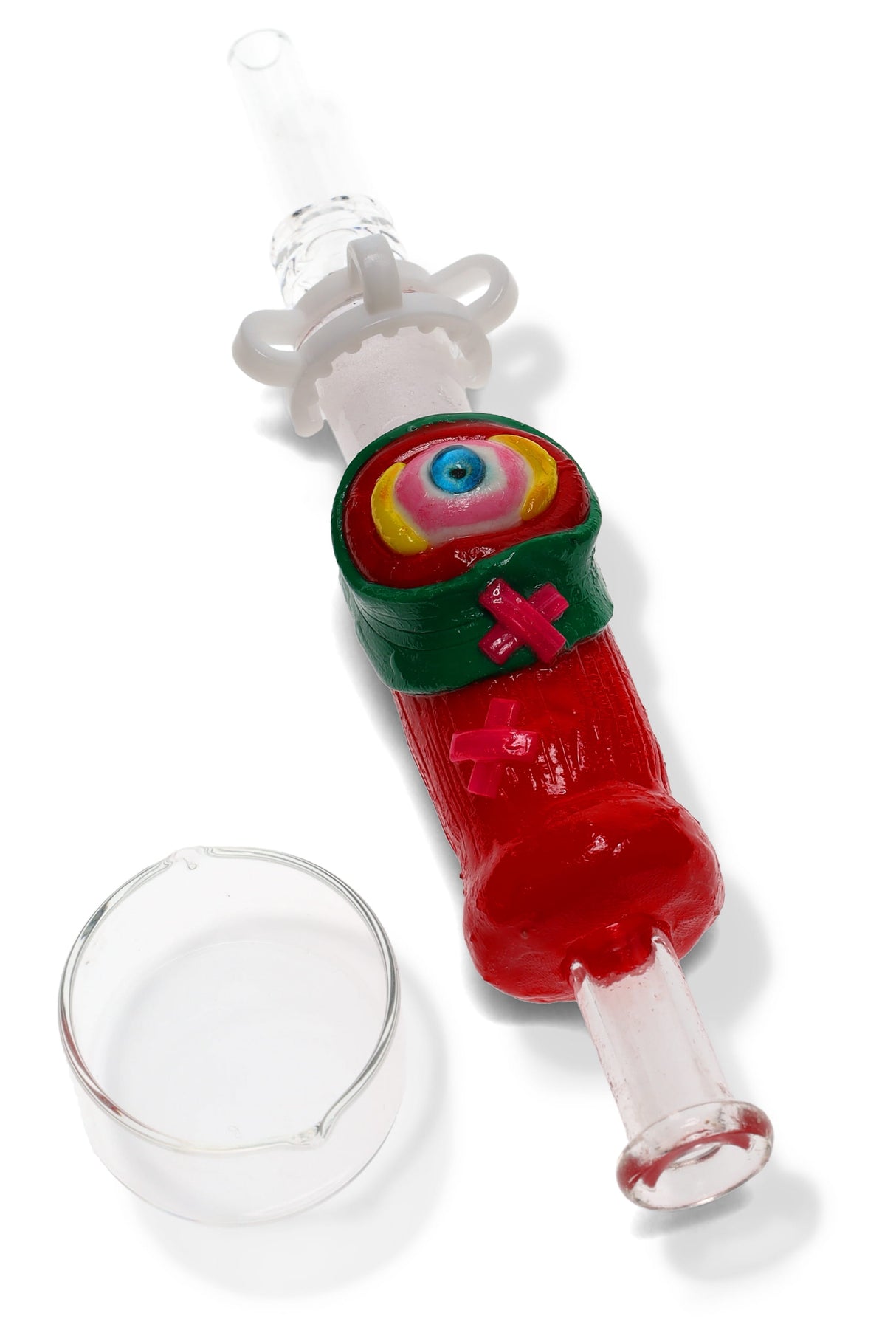Red bandaged monster glass dab straw kit with big eye motif, white keck clip and separate glass dish.