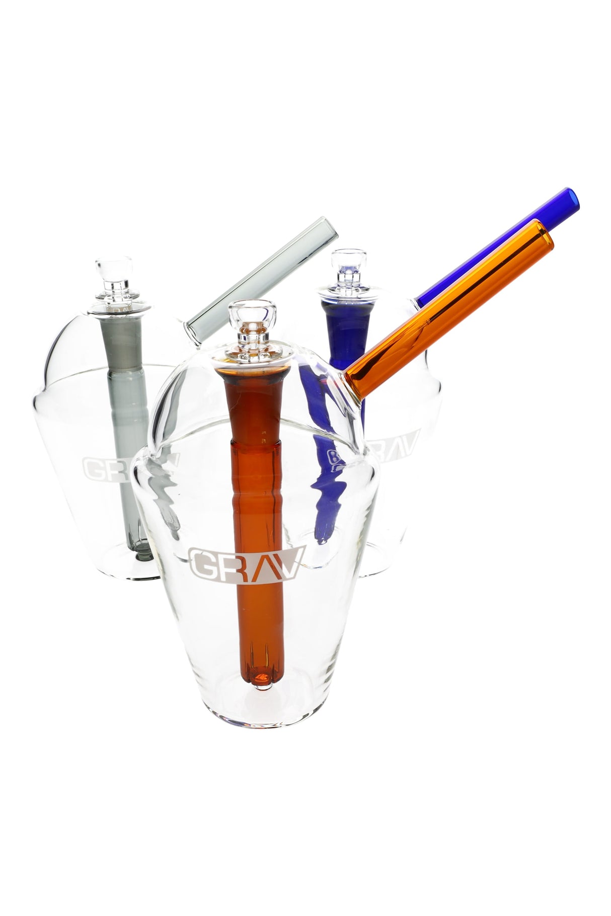 GRAV Slush Cup Bubbler lineup with clear cups and colored straw-style mouthpieces and downstems, each with 14 mm cup bowl.