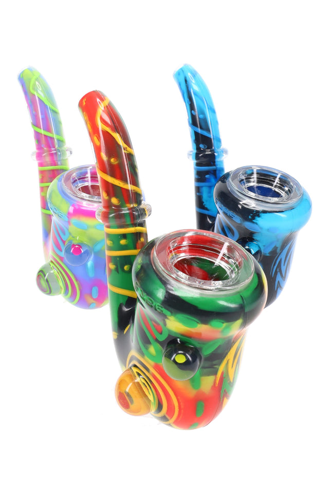 Multicolor Eyce ORAFLEX silicone Sherlock spoon with clear outer layer and large glass bowl; Puffco Proxy compatible; colors ship assorted.