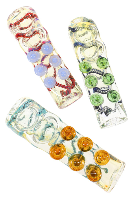 4–5″ color-changing square double-bowl glass hand pipe with twisted squiggle stripes and six raised grip marbles, shown in assorted colors.