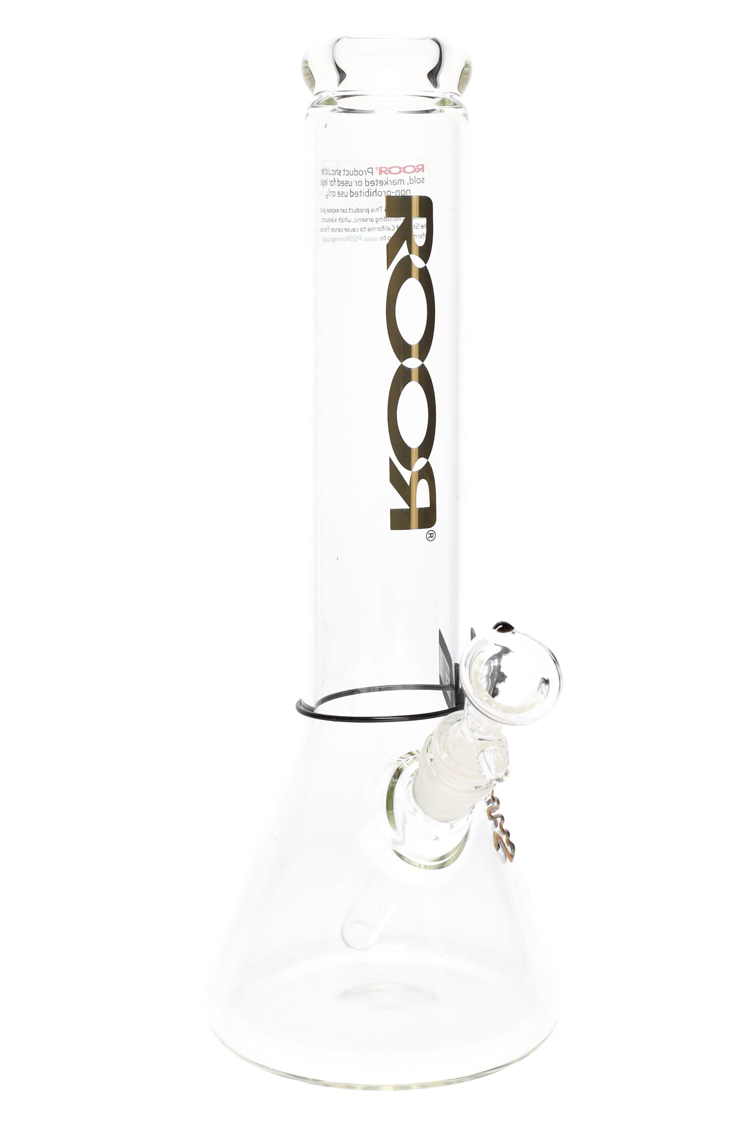 Clear ROOR 14-inch Zeaker beaker bong with gold ROOR logo, glass-on-glass downstem and bowl, ice pinch.