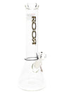 Clear ROOR 14-inch Zeaker beaker bong with gold ROOR logo, glass-on-glass downstem and bowl, ice pinch.