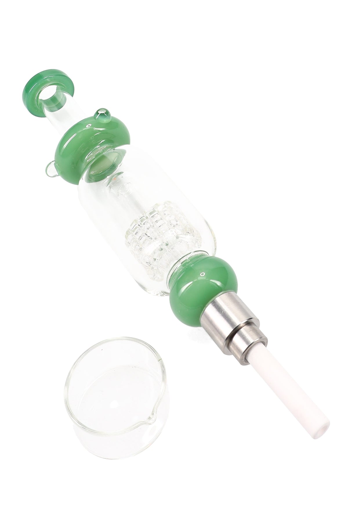 Light green-accent matrix perc dab straw kit with ceramic tip and glass dish; percolated 8½-inch straw.