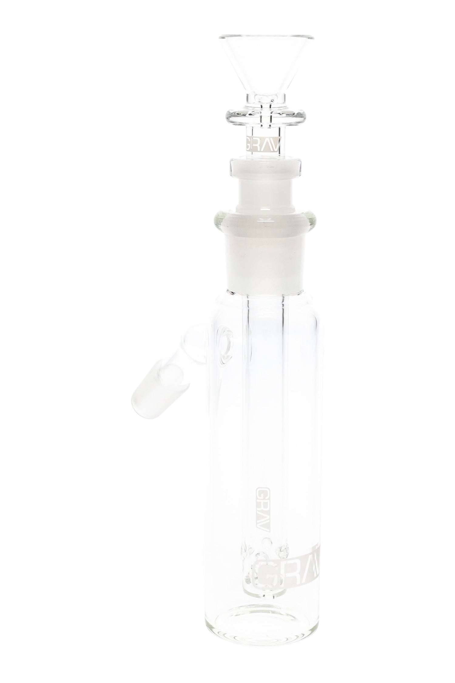Side-view GRAV glass ash catcher displaying 14.5 mm joint placement and included funnel bowl, tall cylinder style on white background.