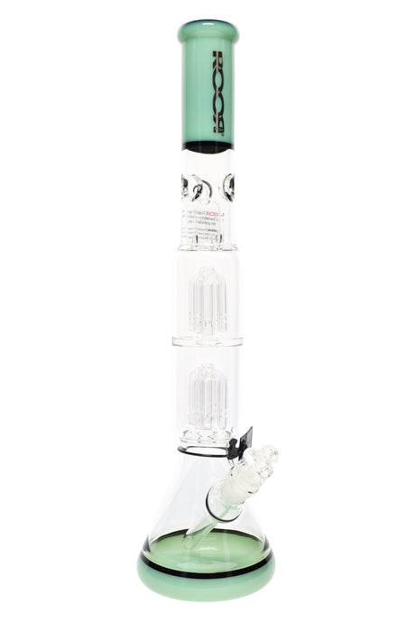 Green-accent ROOR Tech 17-inch beaker bong with dual tree percs, glass-on-glass downstem and bowl.