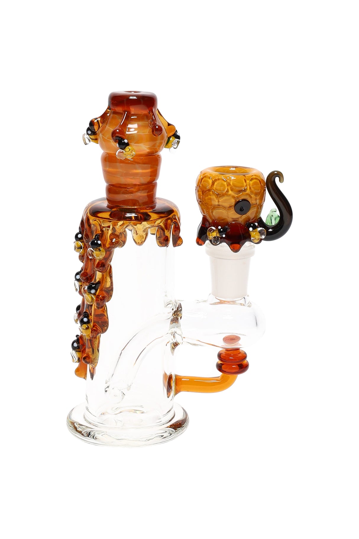 Beehive glass nano rig with amber honeycomb body, raised bee accents, and matching 14.5 mm bowl