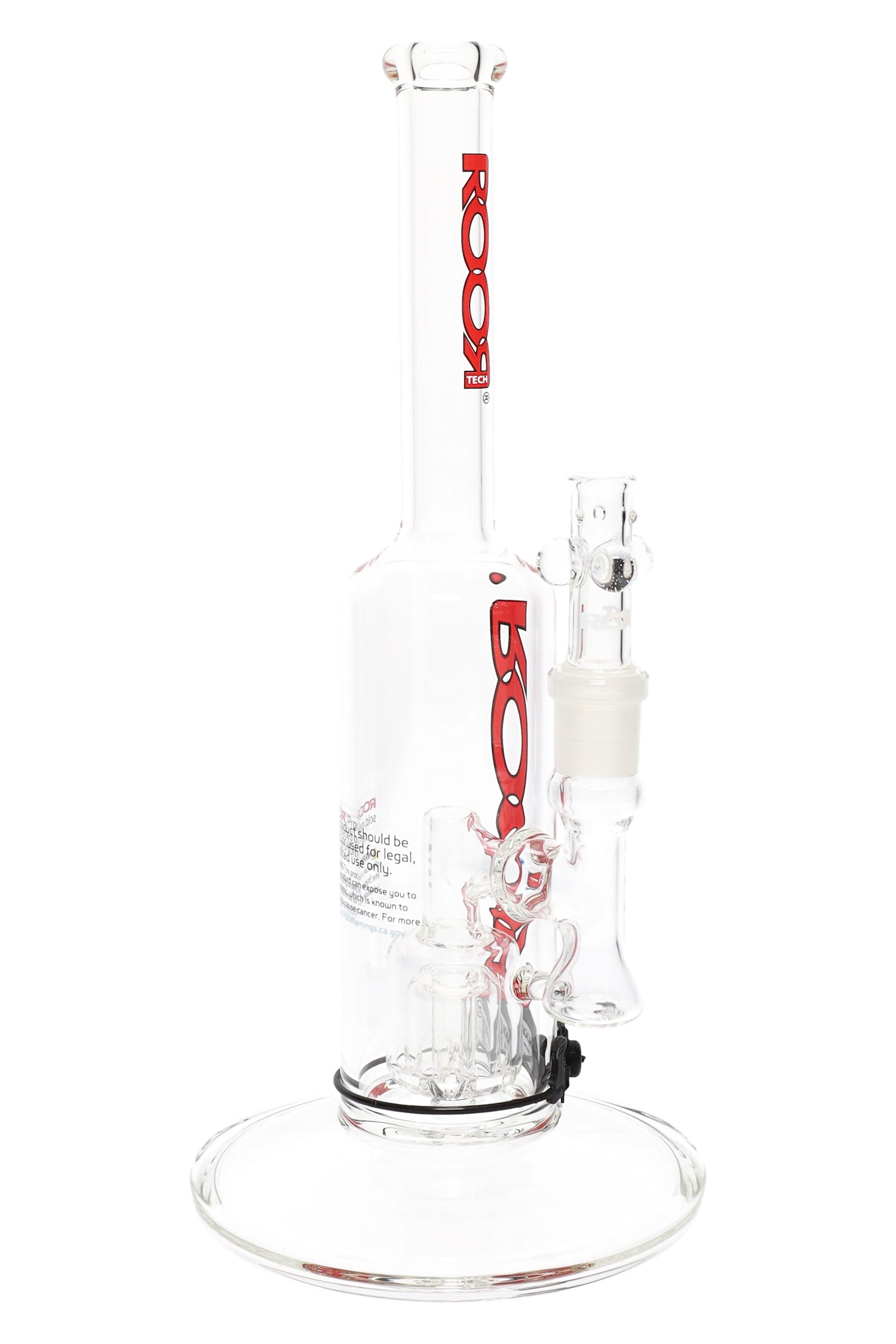 Clear ROOR Tech 12″ stemless straight tube bong with barrel perc, 18.8 mm GoG joint, stable round base, and red ROOR branding.