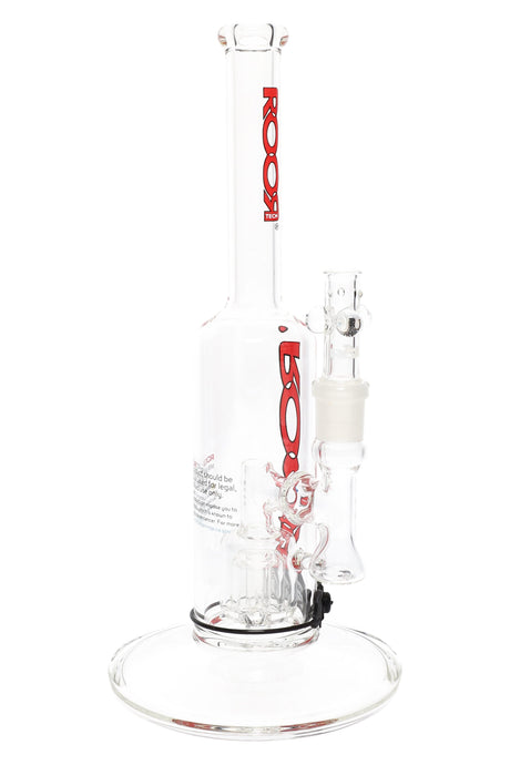 Clear ROOR Tech 12″ stemless straight tube bong with barrel perc, 18.8 mm GoG joint, stable round base, and red ROOR branding.
