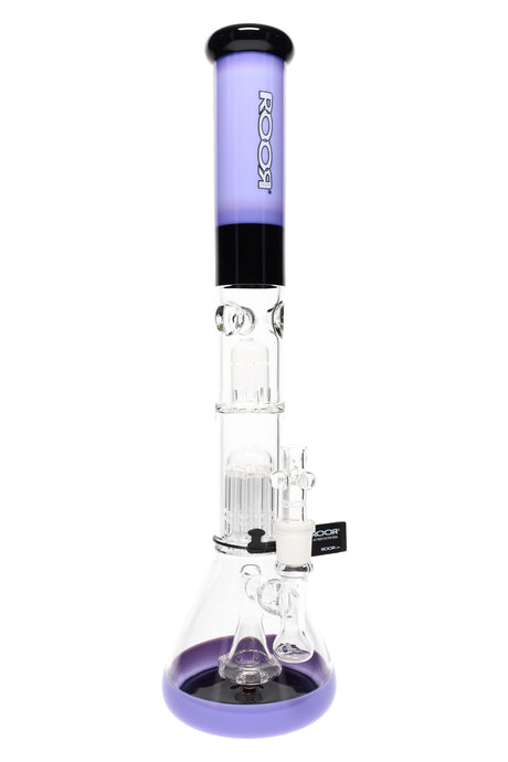 Purple-black ROOR Tech 18″ multicolor beaker bong featuring triple percs, stemless joint, ice pinch, and sturdy color-accented beaker foot.