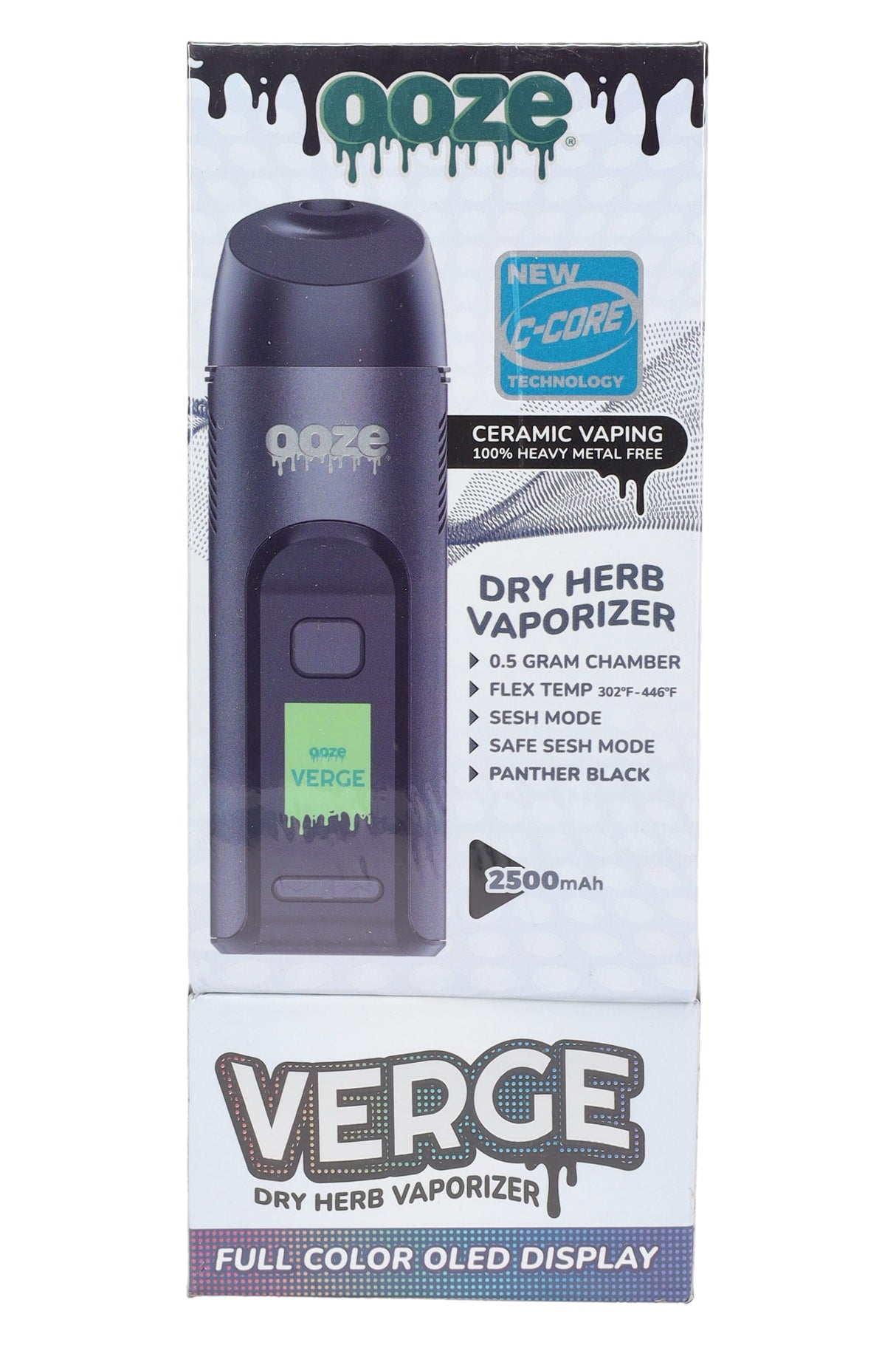 Ooze Verge Panther Black retail box close-up, showing “Dry Herb Vaporizer” label and 2500 mAh badge