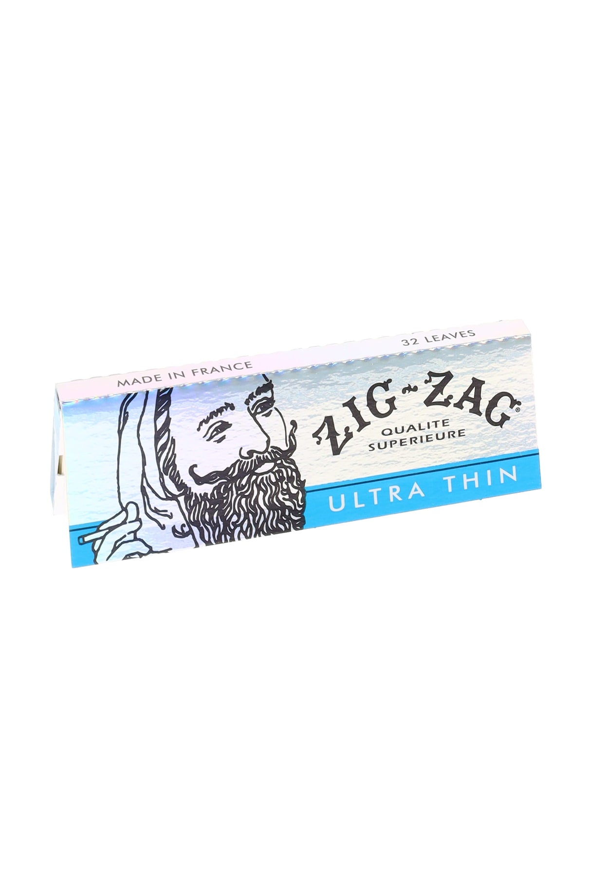 Single Zig-Zag Ultra Thin 1¼ booklet shown closed; 32 leaves, silver-blue cover with bearded logo and natural gum arabic.