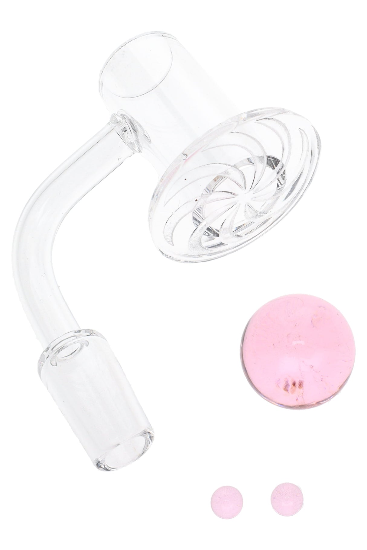 Quartz terp slurper banger with spiral tray, 14.5 mm male joint, shown with pink 22 mm marble and two 6 mm pearls.