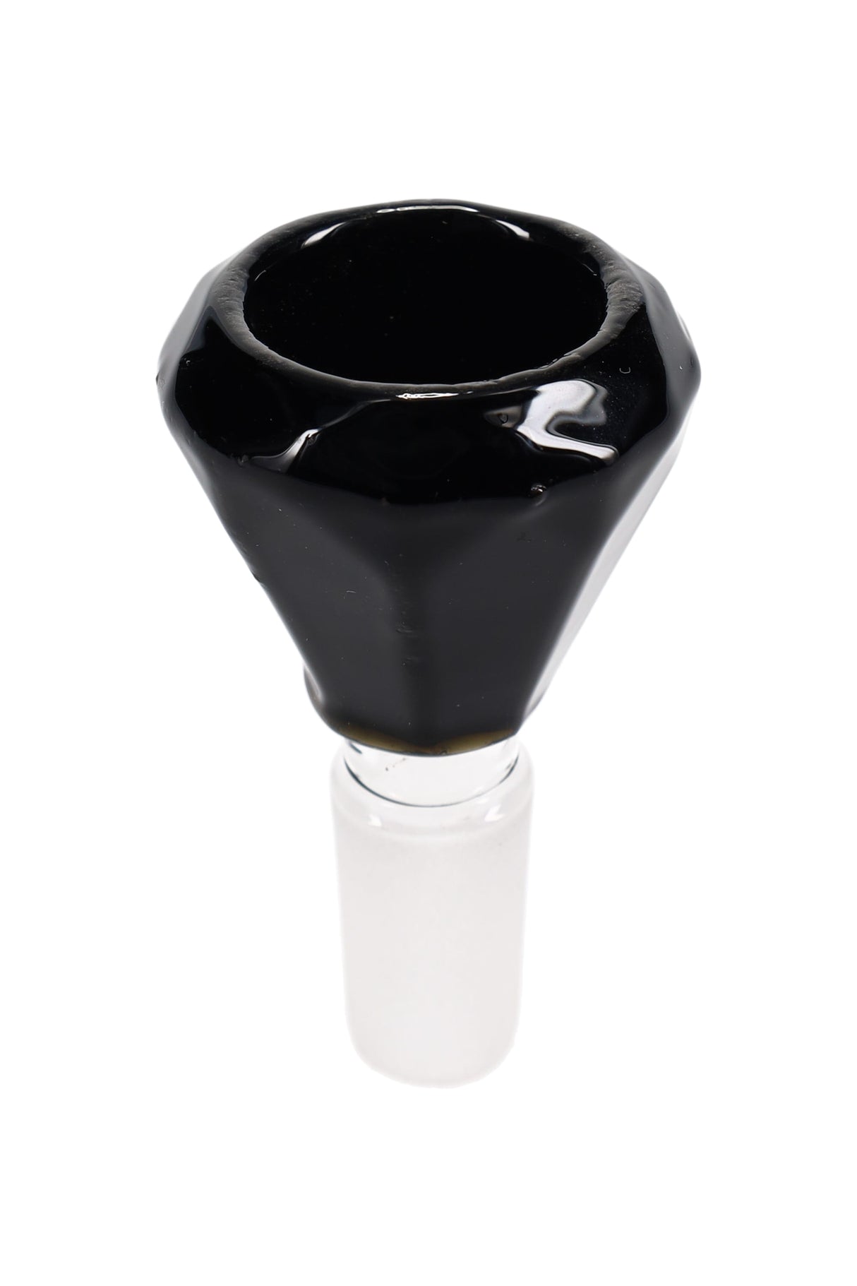 Glossy black diamond-cut glass bong bowl with 14.5 mm male ground joint and angular facets; sturdy replacement slide.