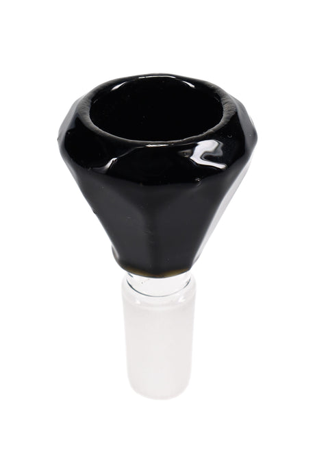 Glossy black diamond-cut glass bong bowl with 14.5 mm male ground joint and angular facets; sturdy replacement slide.