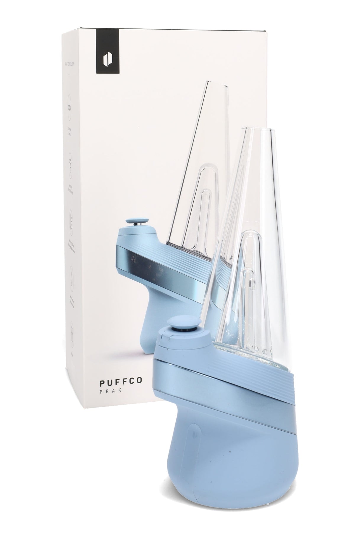 Puffco New Peak electric dab rig in sky blue near retail box, water-filtered vaporizer with cone glass top.