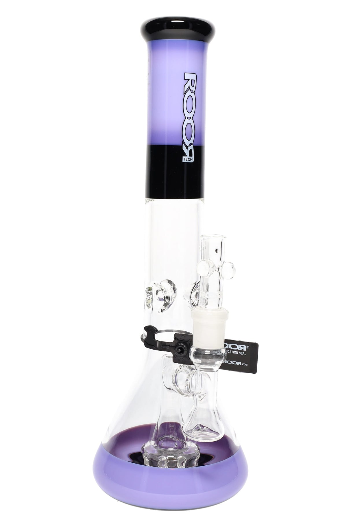 ROOR Tech 14-inch multicolor beaker bong in purple and black, 5 mm thick glass, internal showerhead perc with included herb bowl.