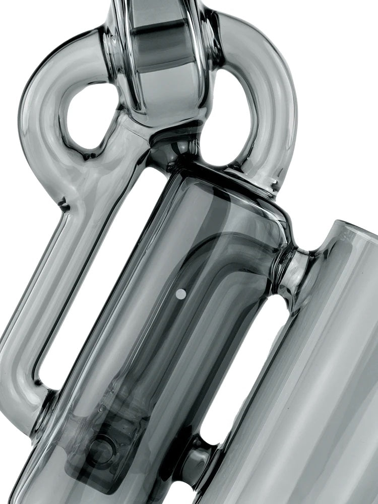 Macro closeup of recycler can and internal pathway on Ryan Fitt Proxy glass attachment, smoke-tinted