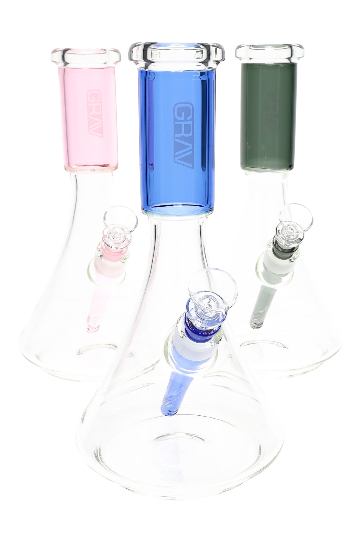 Color-accented GRAV Large Deco Beaker, 11.8-inch borosilicate bongs with 14 mm bowl and wide Deco base, shown in Smoke Grey, Light Cobalt, and Pink.