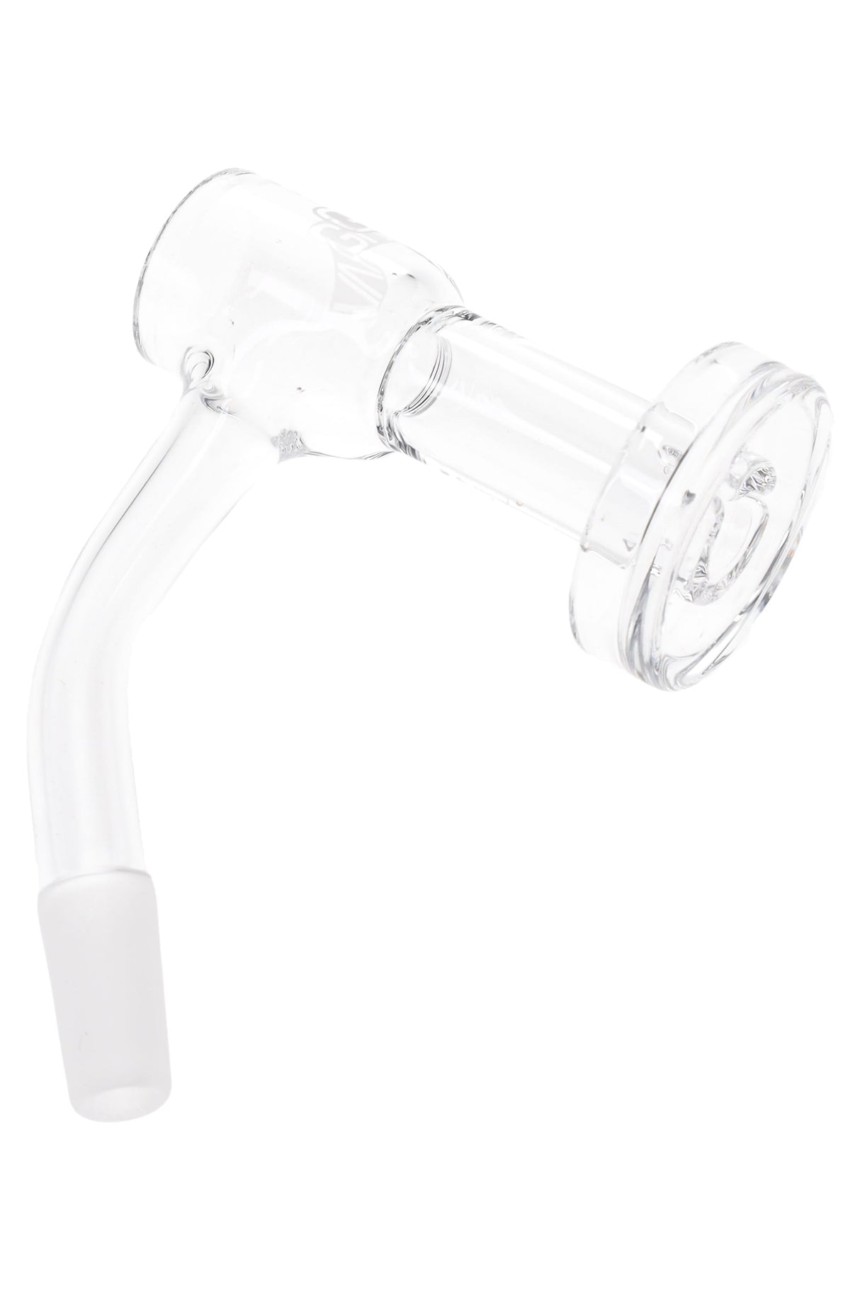 Side view of GRAV slurper bucket showing cylindrical chamber and slotted dish base with ground glass joint for rigs.