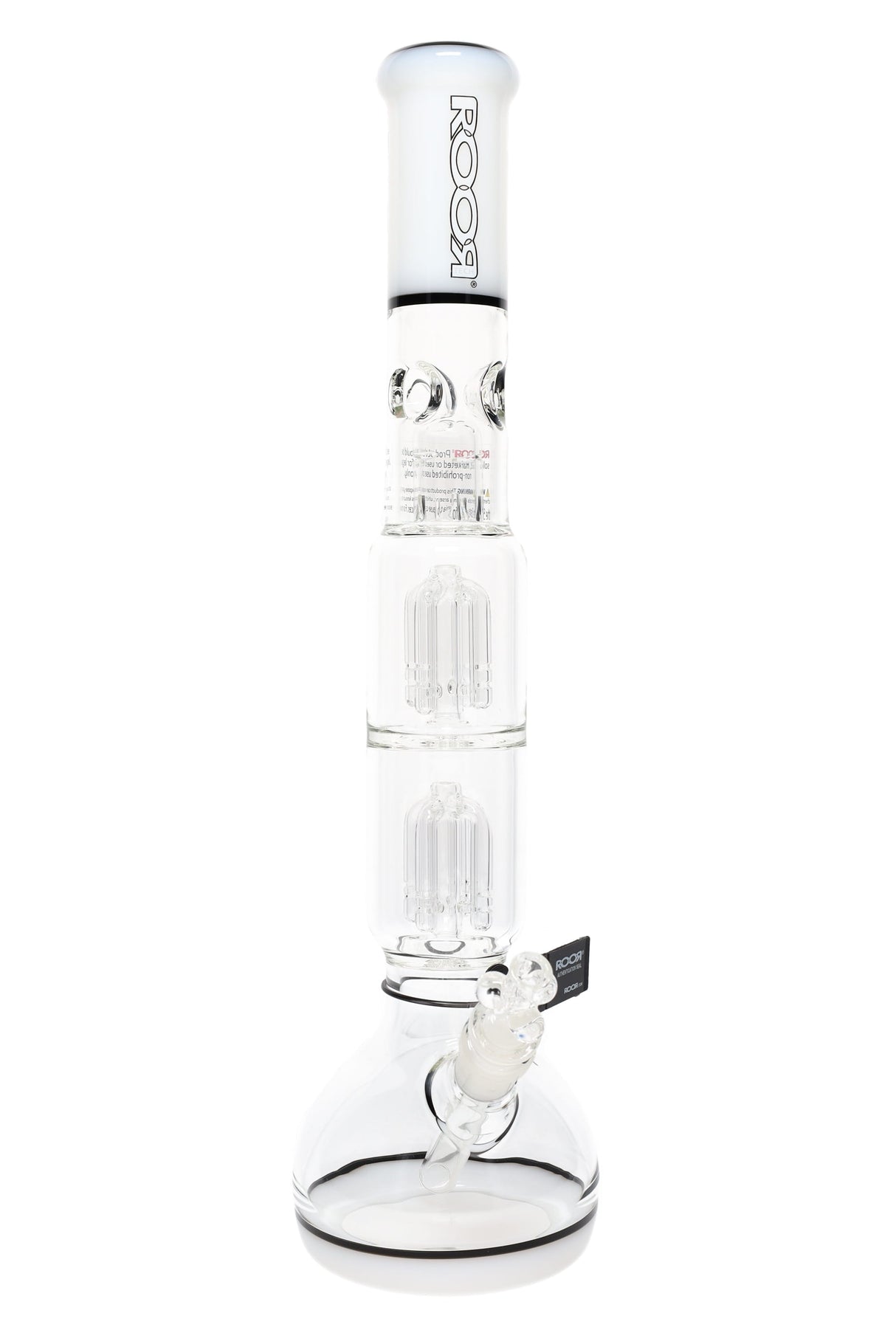 Clear ROOR Tech 18-inch bubble base bong with white mouthpiece, dual stereo tree percs, ice pinch, glass-on-glass bowl and downstem.