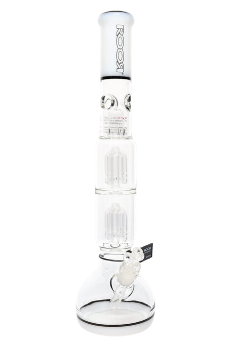 Clear ROOR Tech 18-inch bubble base bong with white mouthpiece, dual stereo tree percs, ice pinch, glass-on-glass bowl and downstem.